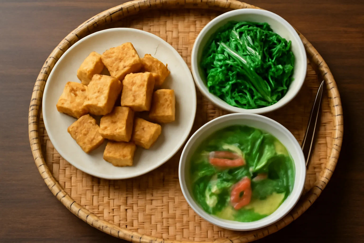Mâm cơm chay miền Bắc với đậu phụ, rau luộc và canh