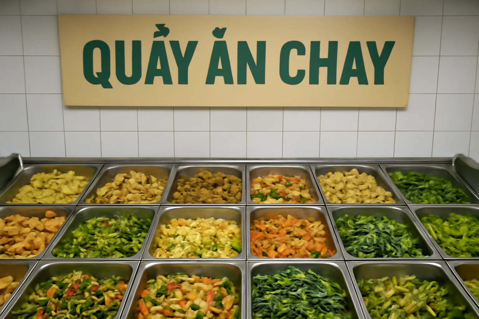 Quầy cơm chay bày nhiều khay món với biển ghi chữ chay