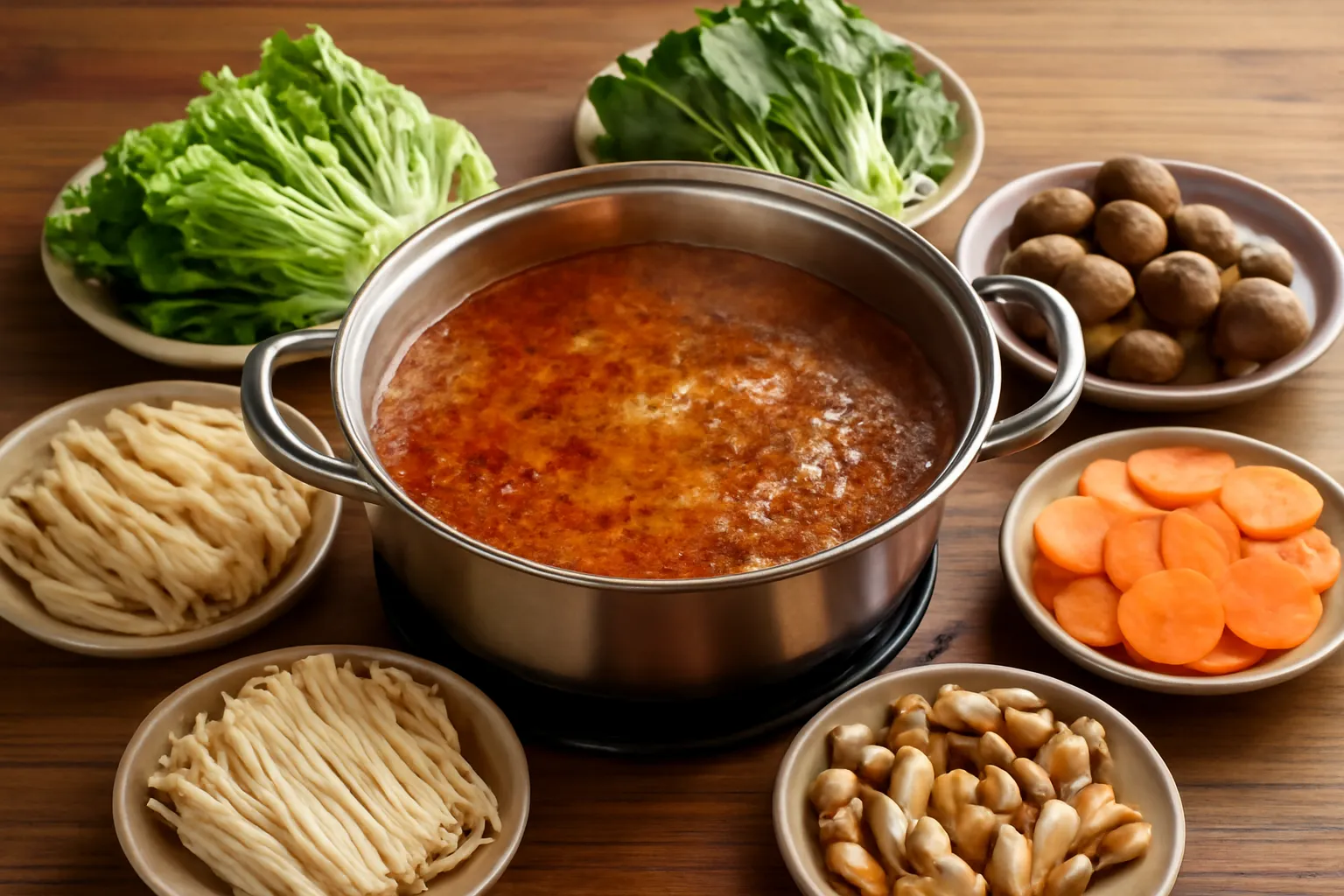 Nồi lẩu đang sôi với đĩa rau nấm bày quanh