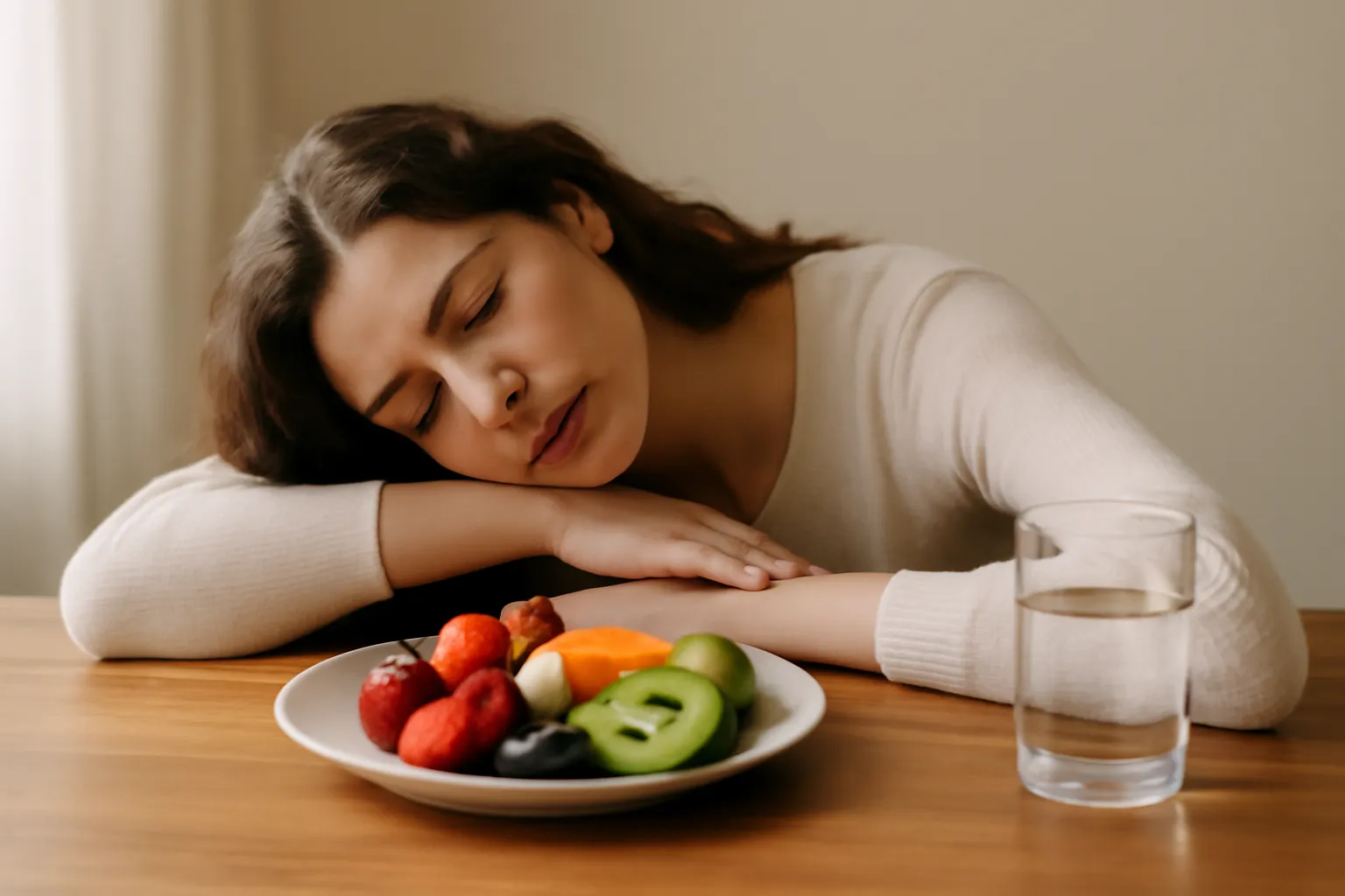Người phụ nữ ngồi nghỉ bên bàn với đĩa trái cây và ly nước
