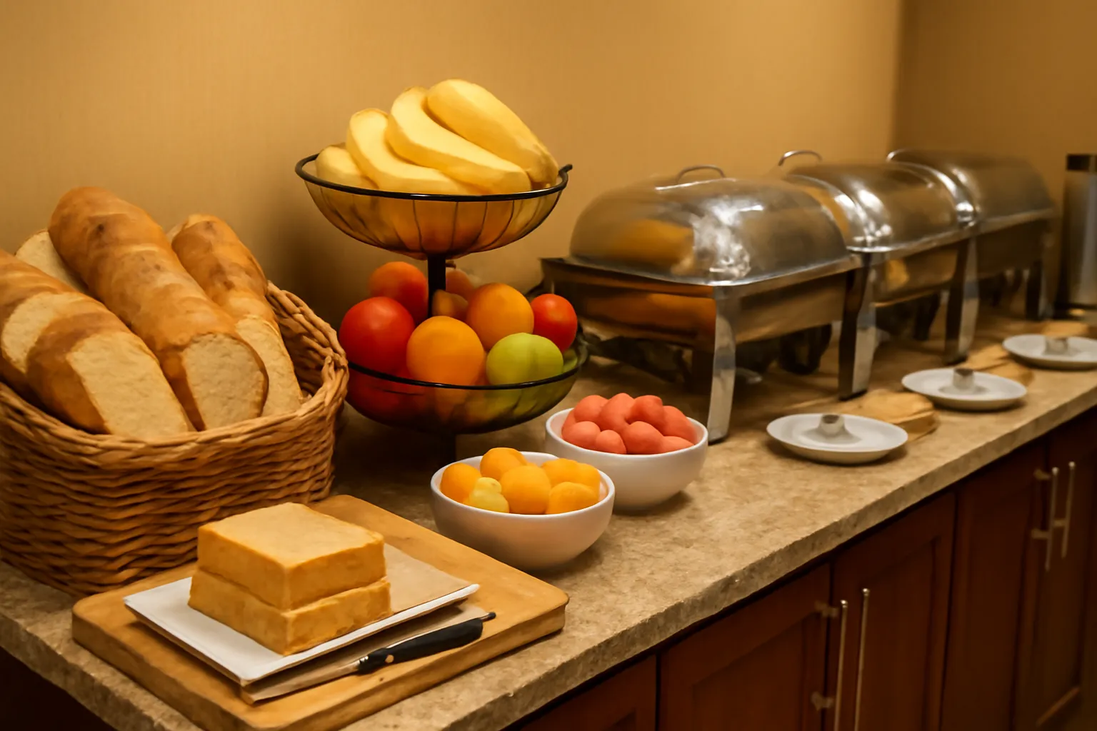 Quầy bữa sáng khách sạn với bánh mì, trái cây và các khay đồ ăn