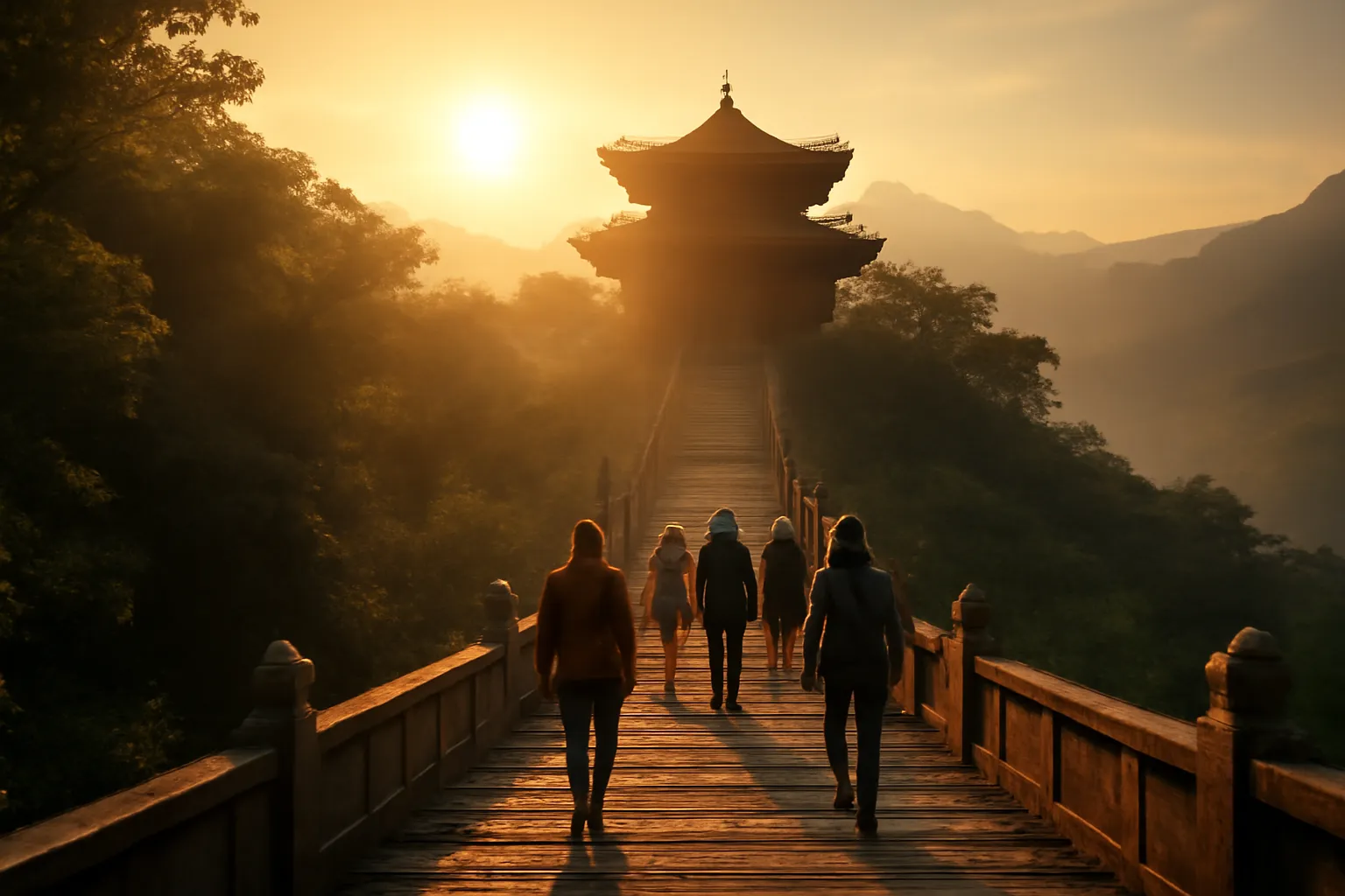 Đoàn người đi bộ lên bậc thang chùa trên núi vào buổi sáng