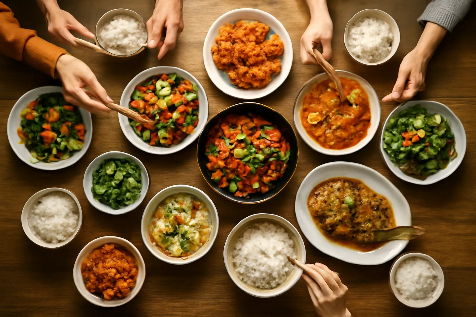 Bàn ăn đoàn với nhiều đĩa món bày giữa bàn