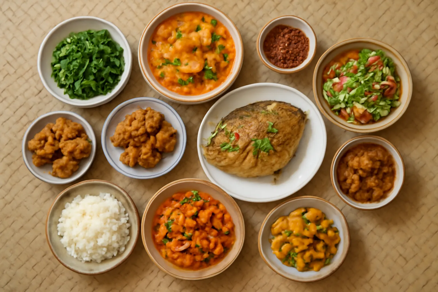 Mâm cơm gia đình nhiều món đặt trên chiếu