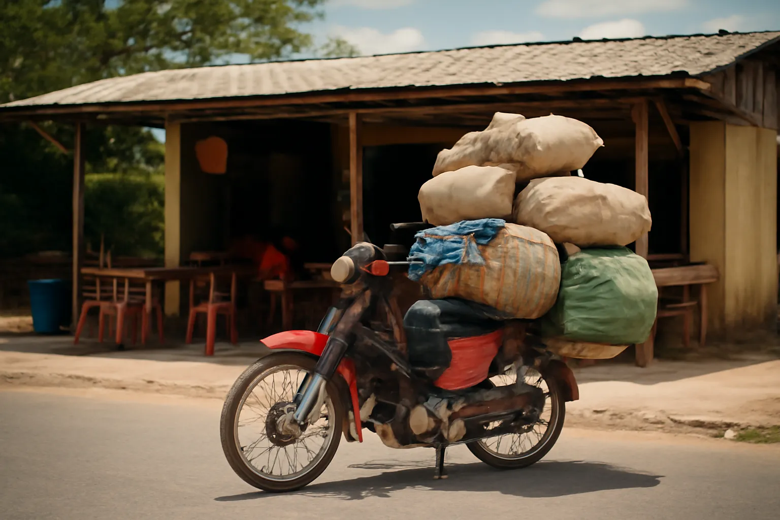 Xe máy chất đồ dừng bên quán ven quốc lộ buổi trưa